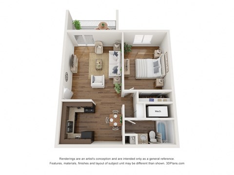 Floor plan for 1 bed, 1 bath, 875 sqft
